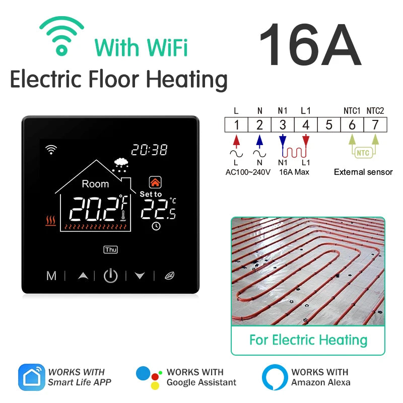 Floor Heating Thermostat Tuya WiFi Programmable Temperature Controller for Electric Warm Gas Boiler Smart Life Work with Alexa