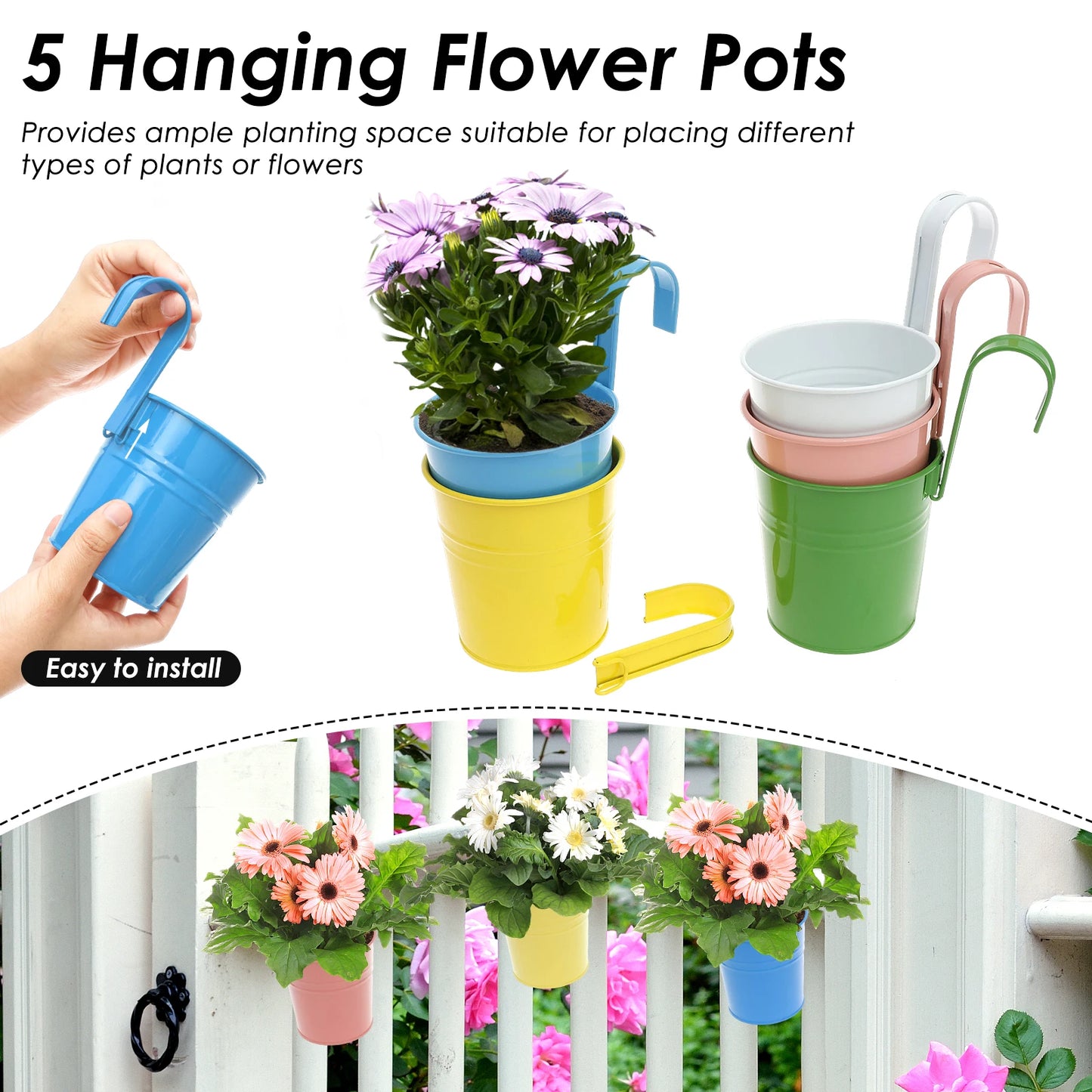5Pcs Metal Hanging Flower Pots Hook Bucket Garden Planter Pots with Drainage Hole Balcony Garden Office Planter Home Decor