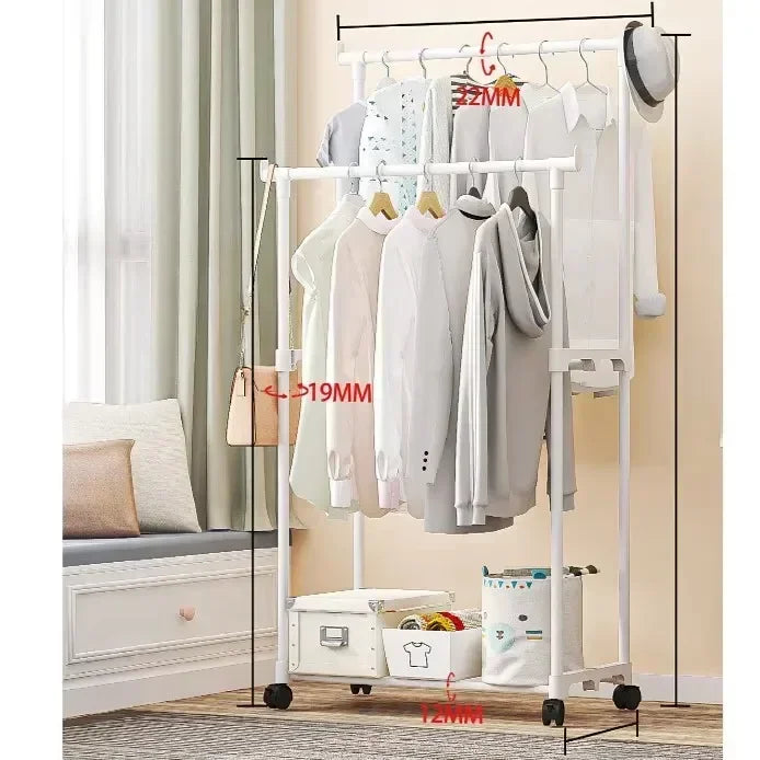 Movable Double Rod Clothes Rack Wheels Heavy Duty Coat Shelf with Bedroom Floor Hangers Organizer Home Shoe Hat Storage Racks