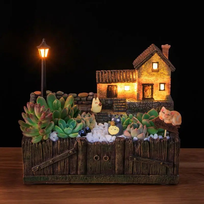 Micro Landscape Succulent Plant Flower Pot with Lamp Creative Cactus Planter Bonsai Cachepot Orchid Vase Home Desktop Decor