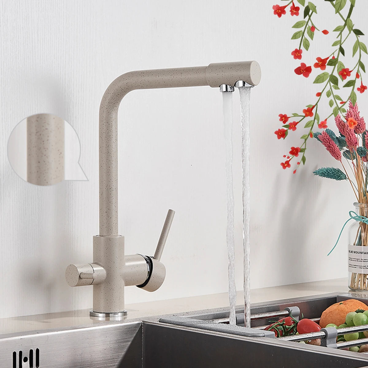 Pure Water Kitchen Faucet Chrome Stainless Steel Dual handle Hot Cold Water Mixer Tap Filtered Deck Mounted Torneira Crane Tap