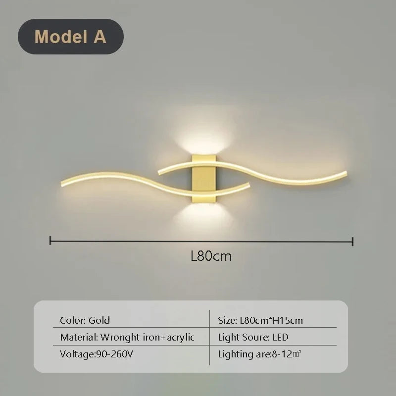 Modern LED Strip Wall Sconce - Double Curve, Remote, Black Gold, Bedside Bedroom | AlluCanFind