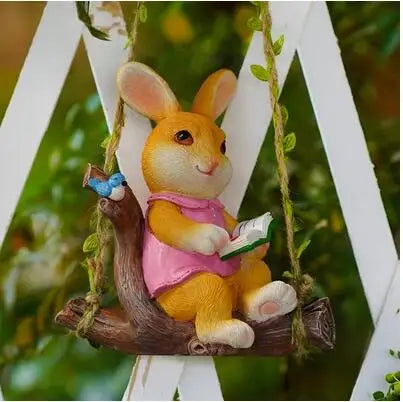 Double Rabbit Hanging Basket Flowerpot Wreath Mother And Child Rabbit Resin Crafts Outdoor Garden Yard Balcony Figurines Decor