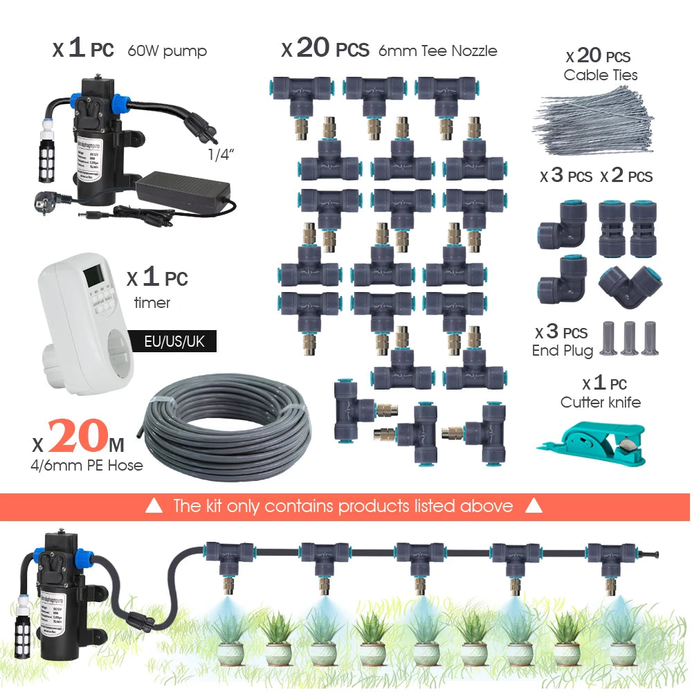 25-5M 60W Pump Adjustable Spray Nozzle Timer Watering Systems Quick Connection 1/4" Hose Misting Automatic Irrigation Kit Garden