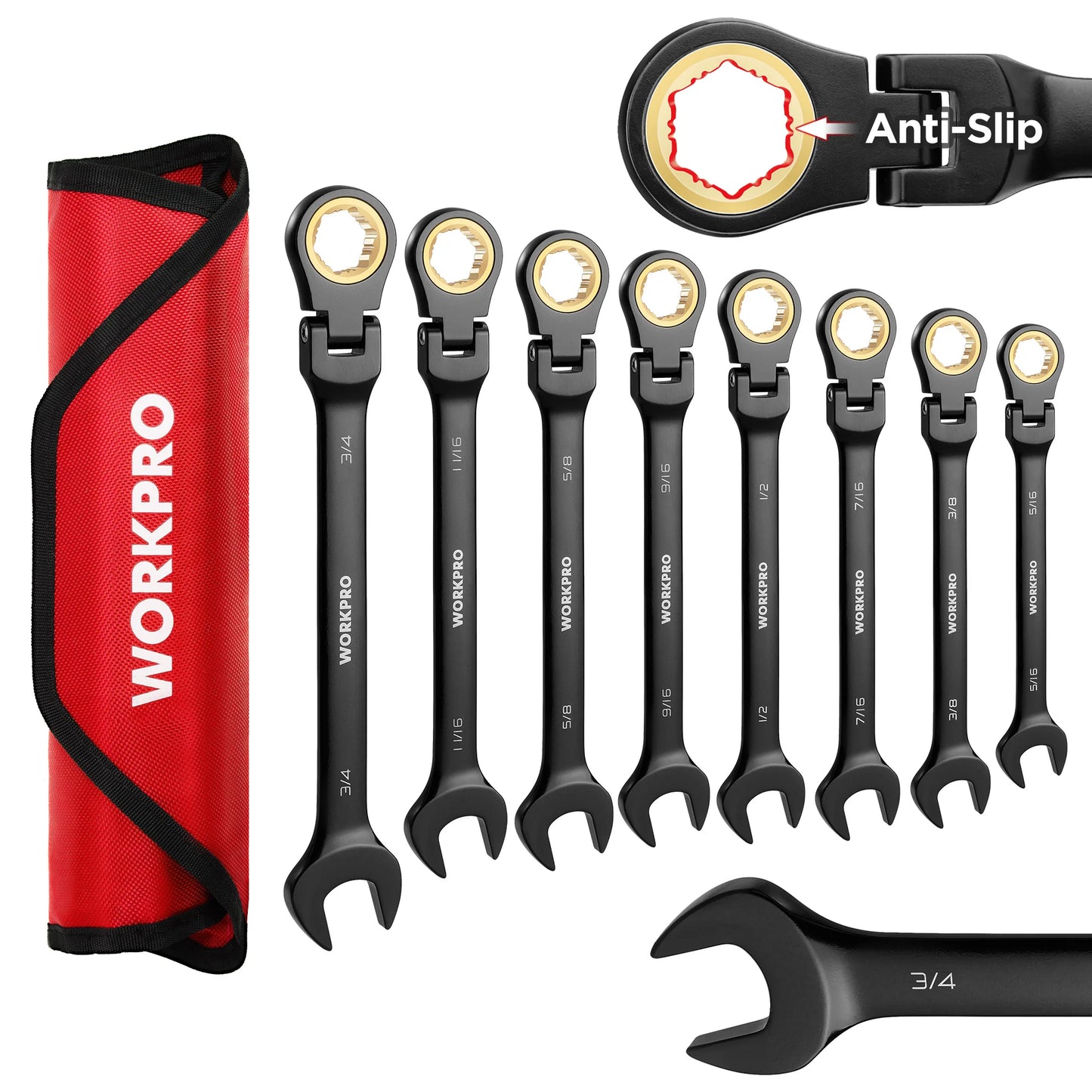 WORKPRO 8pcs Flex-Head Ratcheting Combination Wrench Set SAE 5/16-3/4