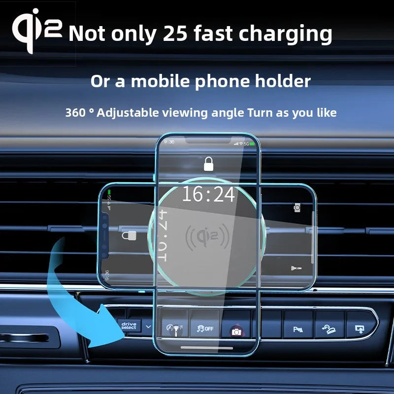MagSafe Car Charger Qi2.2 25W Fast Wireless Charging for iPhone Samsung Xiaomi Vent Clip Mount Tempered Glass Anti-Slip Holder