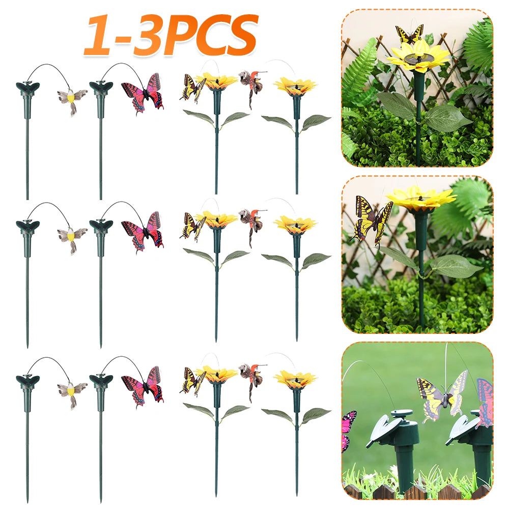 1-3PCS Solar Powered Flying Wobble Butterfly Ornament Durable Garden Dancing Fluttering Butterfly Humming Bird Stake Lawn Decor