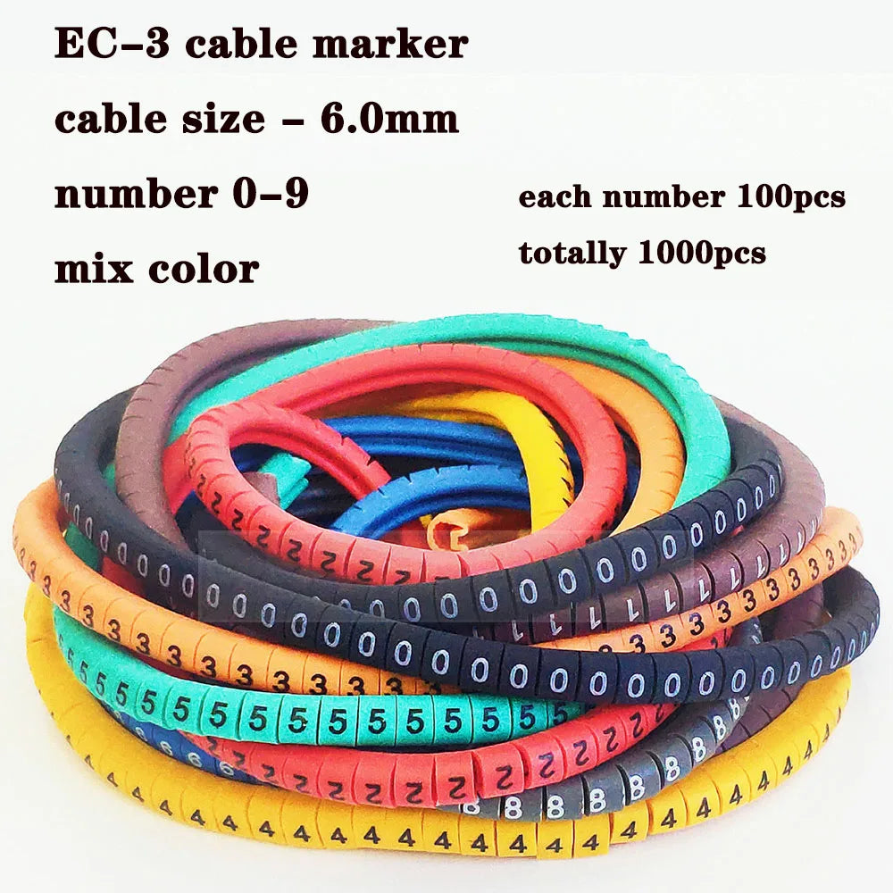 Cable Marker Wire Label EC-0 EC-1 1000pcs Mark Number 0 to 9 Cable Management Colored Wire Protection PVC Wire organizer Sleeves