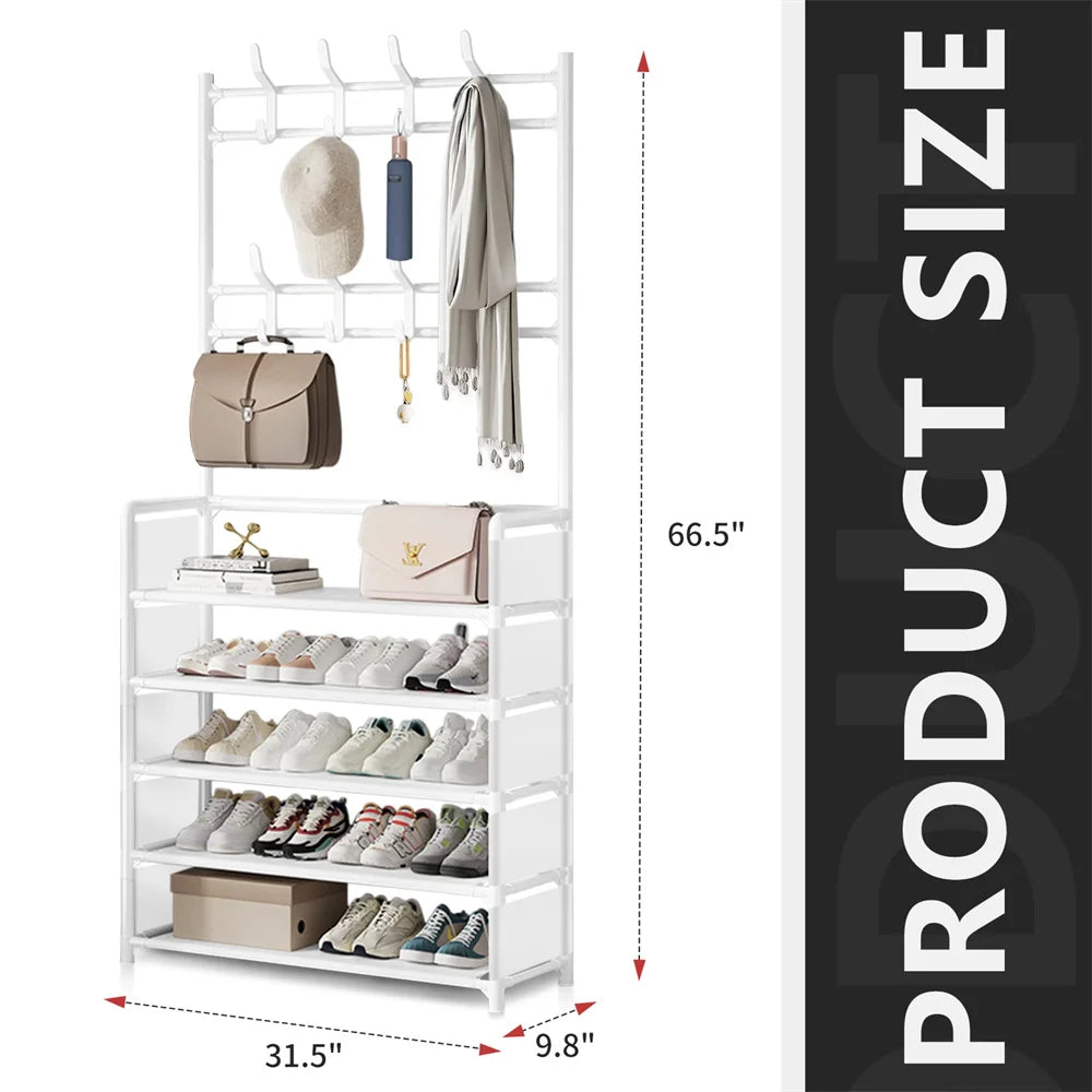 Coat Hat Stand 8 Hooks Metal Storage Shoe Rack 5 Tiers Shelf Hanger Shoes Shelf Living Room Storage Racks 80Cm Widen