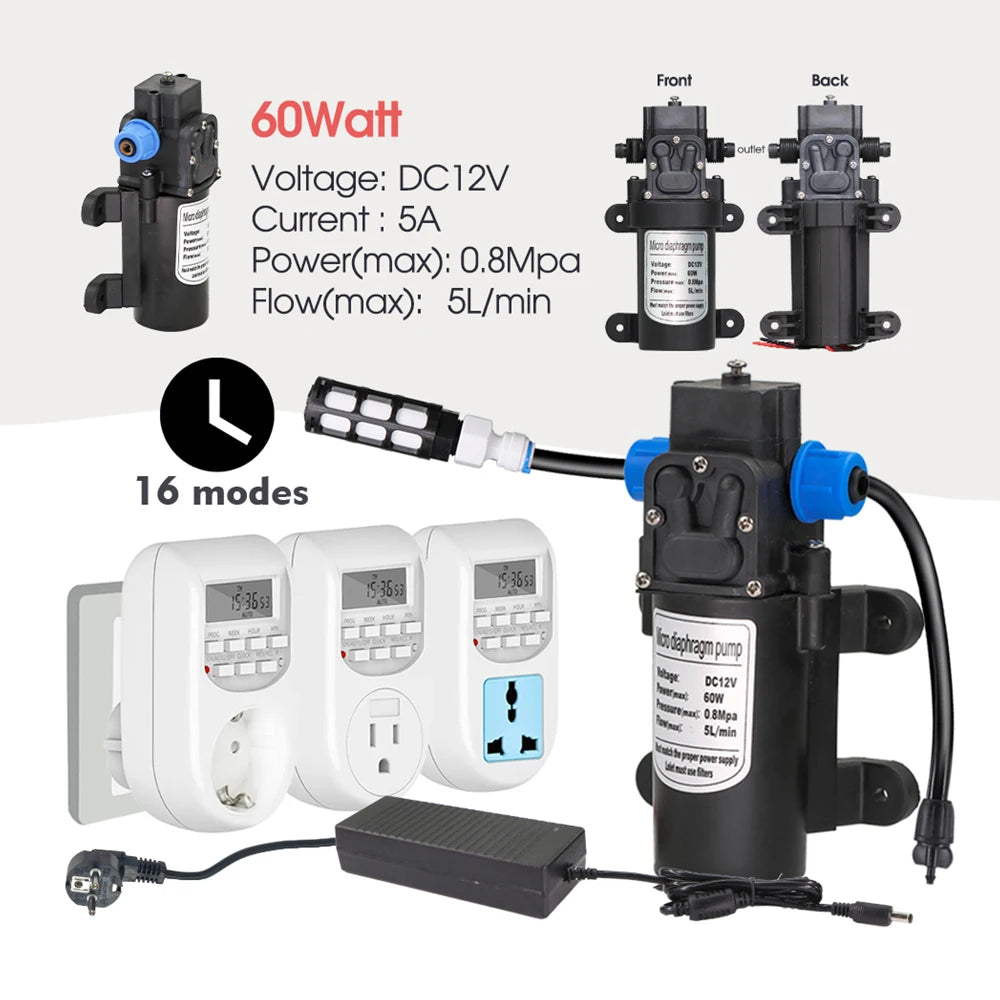 25-5M 60W Pump Adjustable Spray Nozzle Timer Watering Systems Quick Connection 1/4" Hose Misting Automatic Irrigation Kit Garden