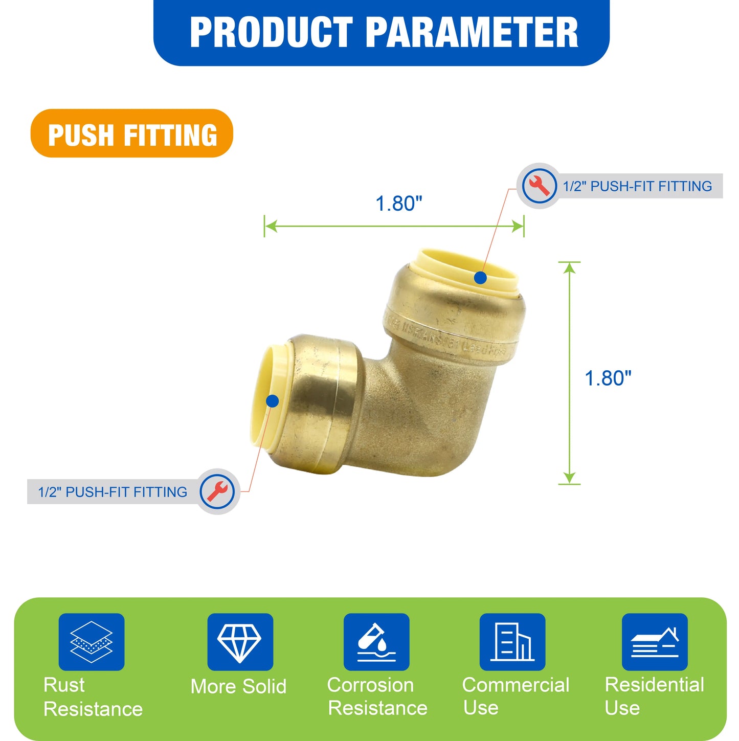 KING SMART 1/2" Push Fit * 1/2" Push Fit Fitting Elbow; 8Pcs/Case; 80506