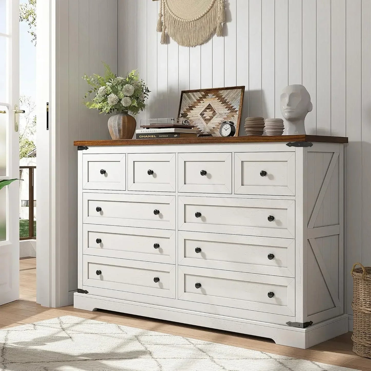 White 10-Drawer Dresser, 55'' Wide Bedroom Chest, Antique Storage Cabinet
