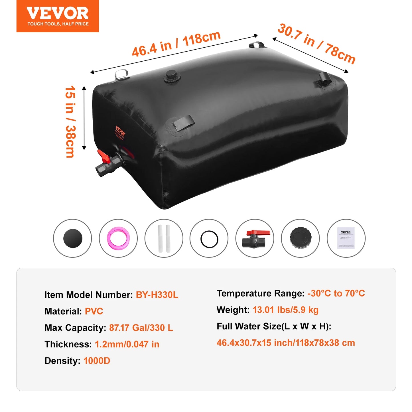 VEVOR 1000L/264 Gallon Water Storage Bladder RV Water Tank 1000D Blue PVC Collapsible Water Storage Containers Soft Water Bag