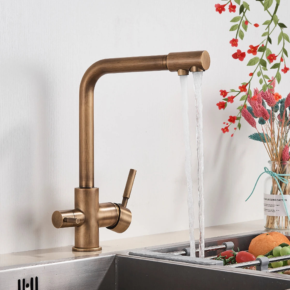 Pure Water Kitchen Faucet Chrome Stainless Steel Dual handle Hot Cold Water Mixer Tap Filtered Deck Mounted Torneira Crane Tap