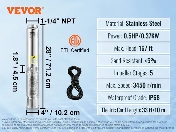 SucceBuy Deep Well Submersible Pump 0.5/1/1.5/2/3 HP 230V/60Hz Stainless Steel Water Pumps for Industrial, Irrigation & Home Use