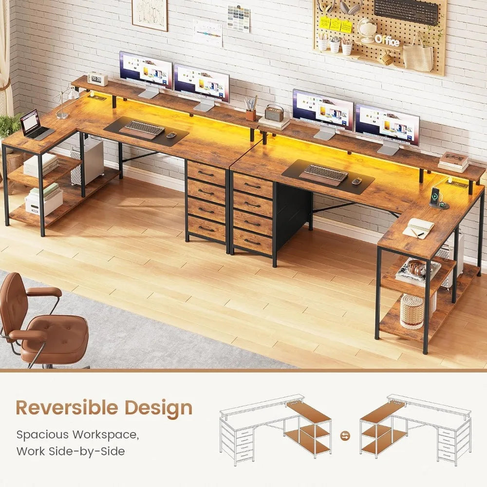L Shaped Desk with 4 Drawers and Storage Shelves, L Shaped Gaming Desk