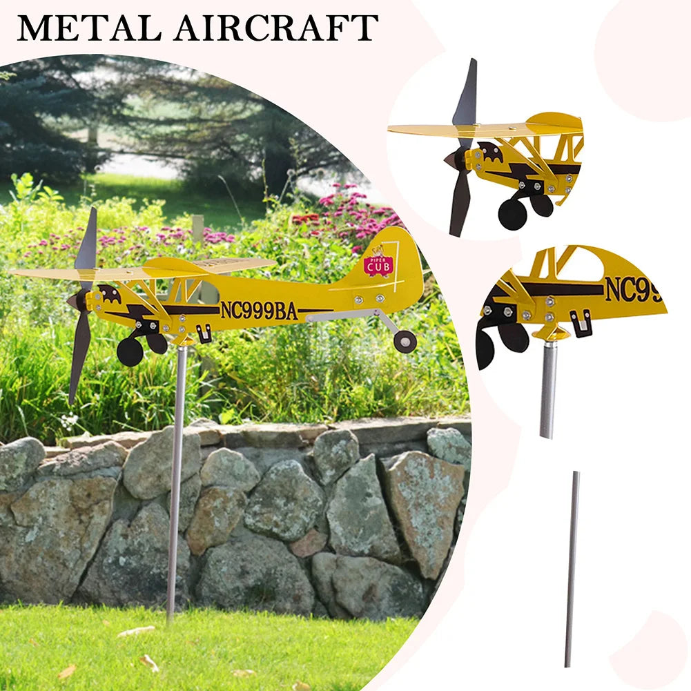 3D Plane Wind Spinner Creative Chic Metal Airplane Garden Weather Vane Plug Decor Anti-corrosion Ornaments for Family Courtyards