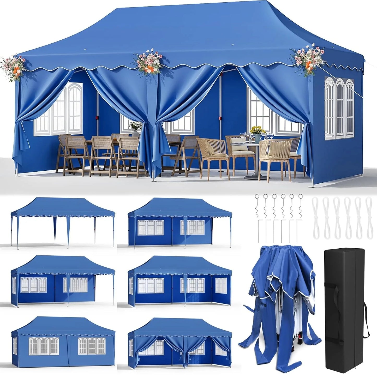 Pavilion Popup Gazebo 3x6m Waterproof Folding Gazebo Tent Party Tent 6 Side Panels Fully enclosed UV 50+ Height Adjustable 2-3M