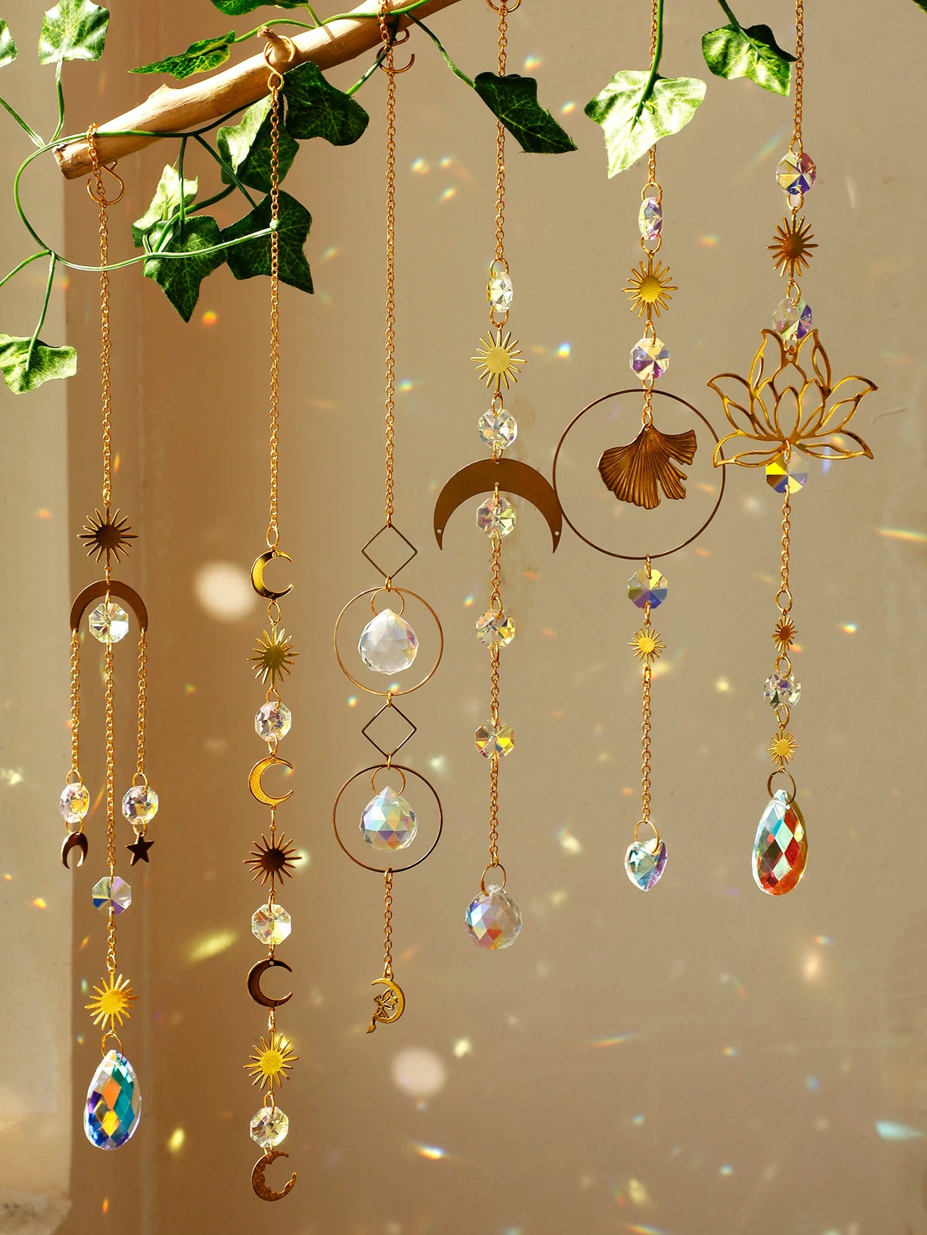 Sun Moon Crystal Suncatcher Rainbow Maker Stained Glass Beaded Sun Catcher Window Hanging Ornament Wind Chimes Yard Garden Decor