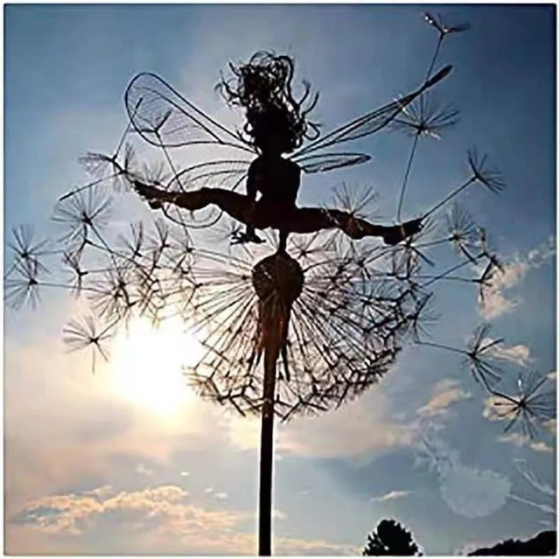 Fairies Angel With Dandelions Flowers Dance,Fairy Garden Decoration Outdoor,Sculptures & Figurines Inserted Soil Metal Craft