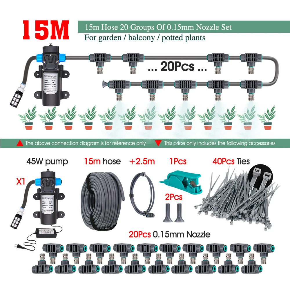110-240V 45W Self-priming Pump Garden Greenhouse Plants Micro-Irrigation Kit Rapid Insertion 0.15MM Spray Nozzle Watering System