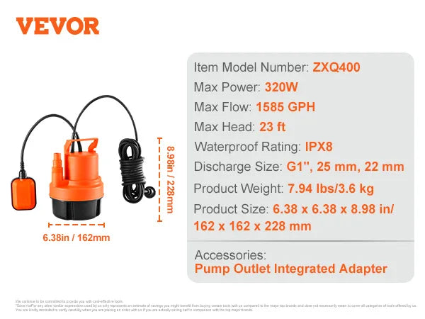 VEVOR Utility Pump 1585/2510/4000 GPH High Flow Sump Pump Submersible Water Pump with 10ft Long Power Cord for Draining Water