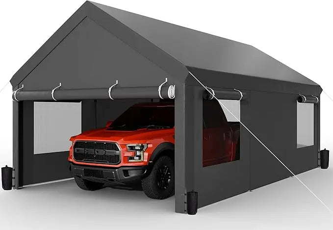 12x20 ft Carport with Roll-up Windows, Portable Garage with Removable Sidewalls & Doors, Canopy W Sandbags and All-Season Tarp