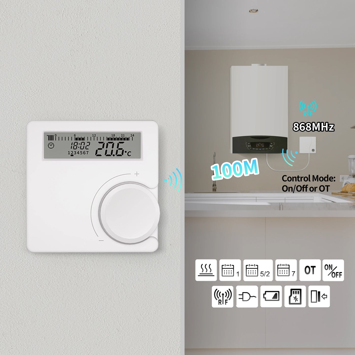 Opentherm Wireless Boiler Thermostat Room Heating Low Power Battery Thermostat Boiler Digital Temperature Controller Wall Mount