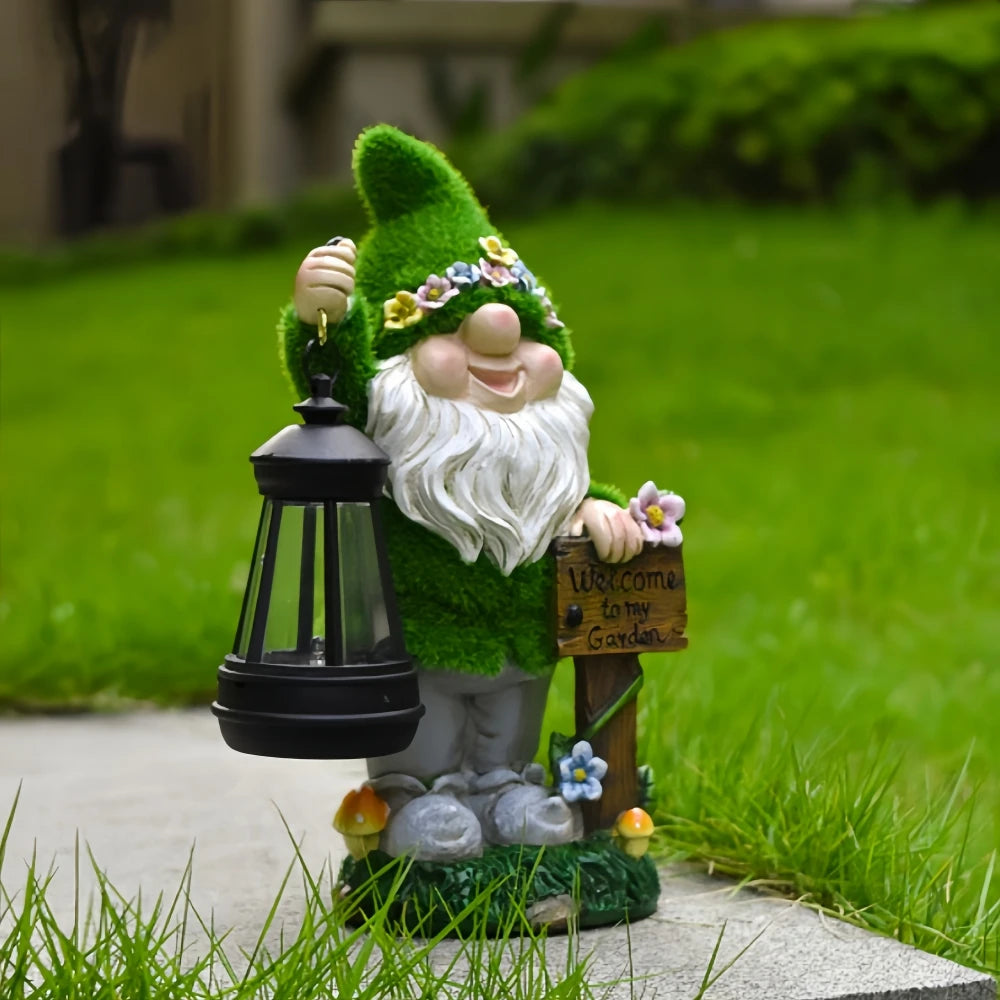 Flocking Gnome Statues with Solar Lantern Outdoor Resin Ornament Easter Garden Gnomes Funny for Yard and Patio Decor