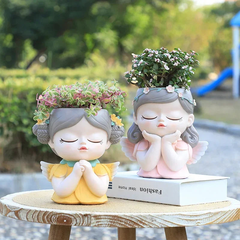7 inch Cute Angel Girl Face Planter Pot with Drainage Hole, Resin Fairy Tale Planter Ornamental Statues for Home Office Decor
