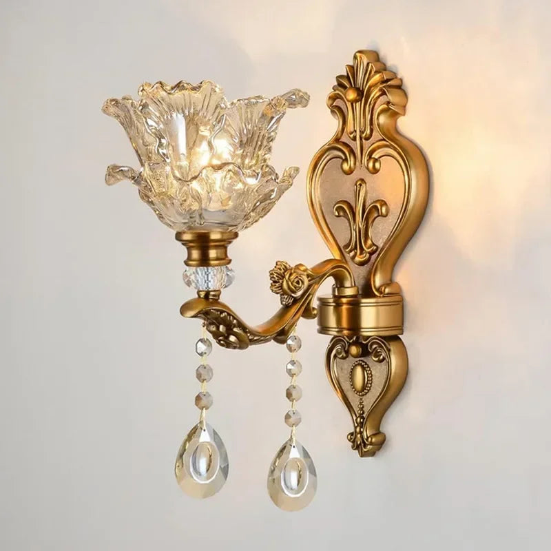 2025 New European Style Retro Crystal Glass Wall Lamp Dual Head Living Room Bedroom Bedside Lamp Corridor Corridor Wall Lamp