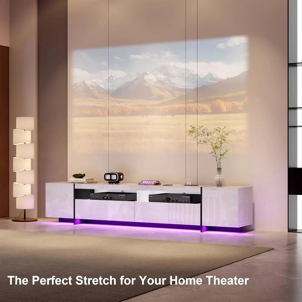 94.5" W TV Stand for Up to 100" TV, Modern Entertainment Center with LED Lights and Power Outlets, Media Console with Cabinet