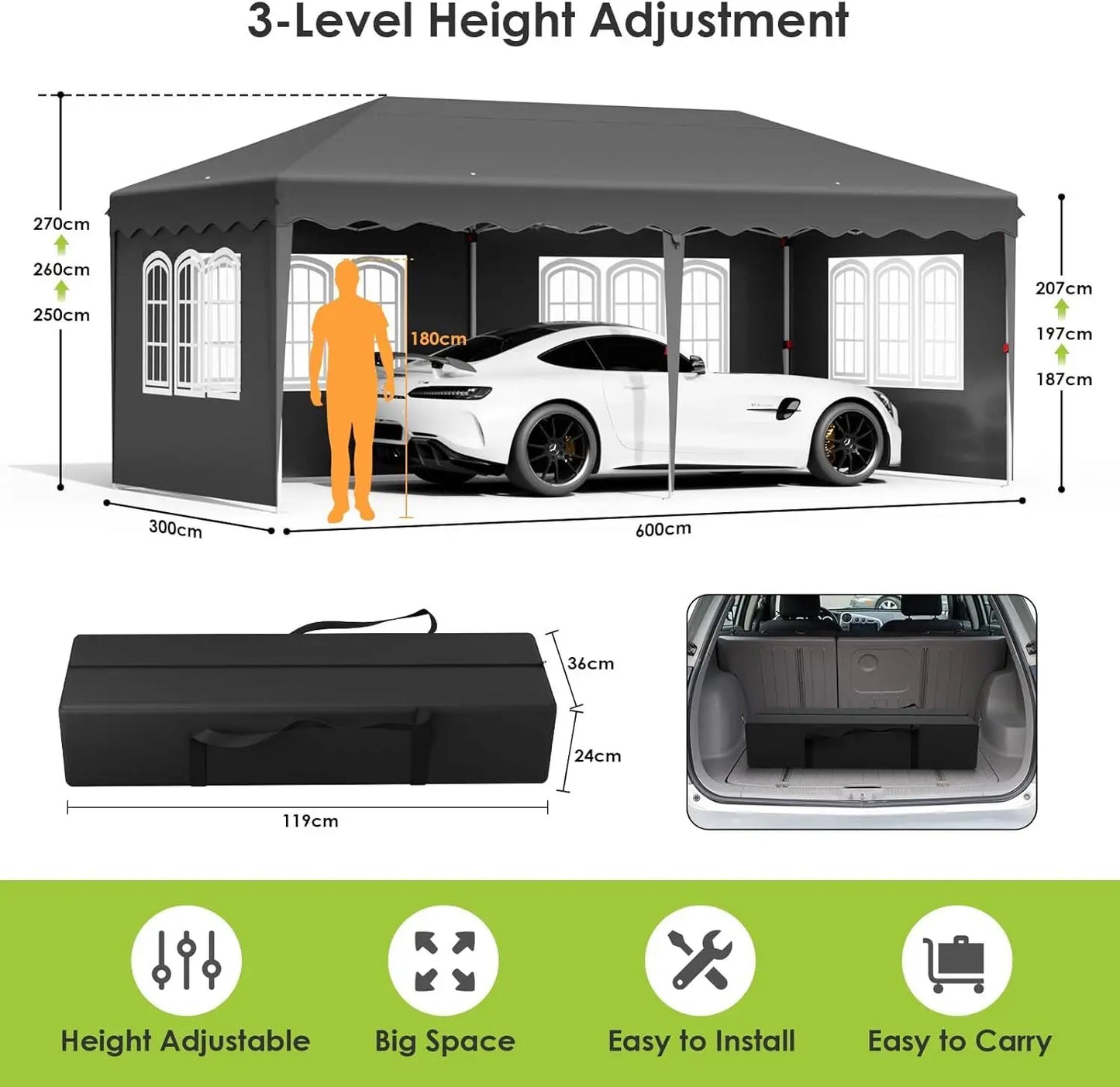 Pavilion Popup Gazebo 3x6m Waterproof Folding Gazebo Tent Party Tent 6 Side Panels Fully enclosed UV 50+ Height Adjustable 2-3M