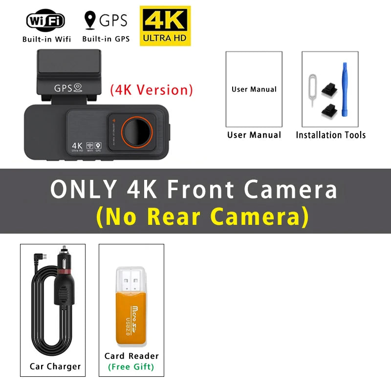 Dash Cam Dual Lens 4K UHD Recording Car Camera DVR Night Vision Video