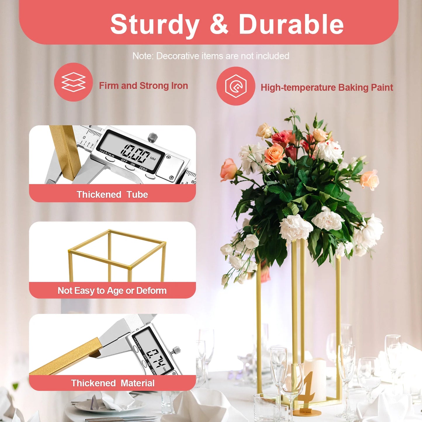 Gold Metal Wedding Flower Stand Set of 10, Modern Rectangular Floral Centerpiece, DIY Flower Holder for Events, Banquets