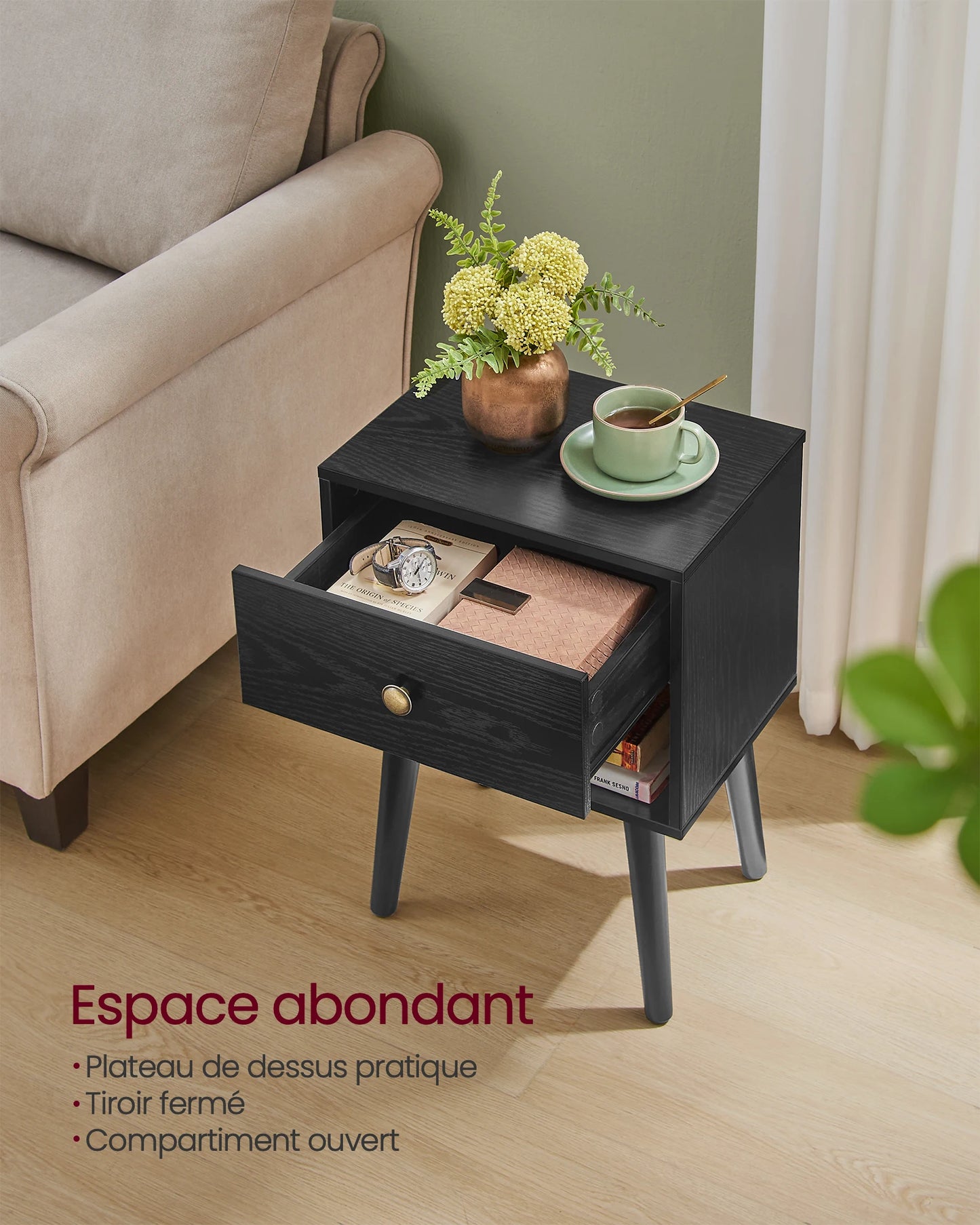 VASAGLE Bedside Table, Side Table with Storage Drawer and Open Shelf, Solid Wood Legs, End Table for Living Room, for Bedroom