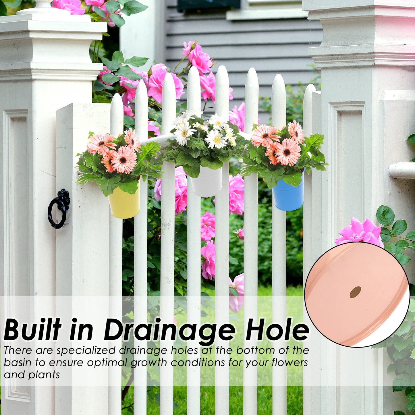 5Pcs Metal Hanging Flower Pots Hook Bucket Garden Planter Pots with Drainage Hole Balcony Garden Office Planter Home Decor