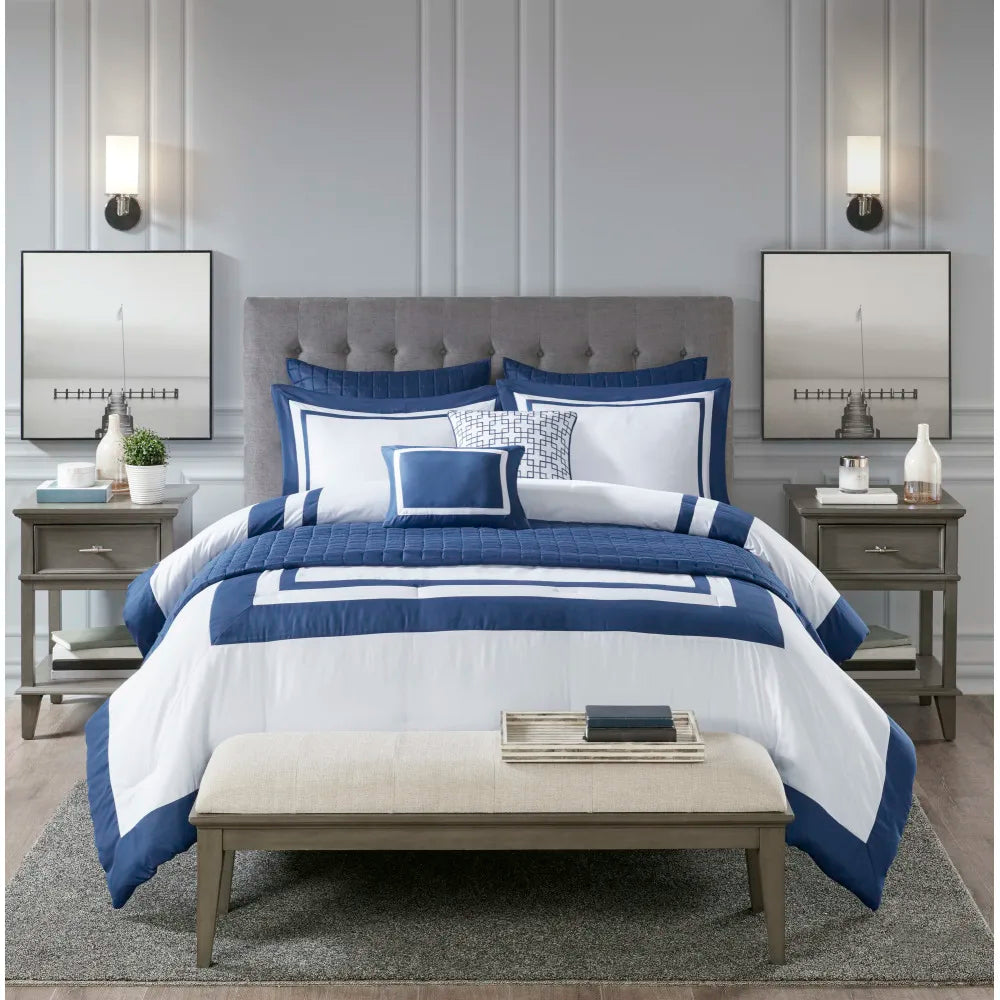 8 Piece Comforter and Quilt Set Collection Navy Full/Queen