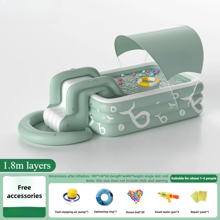 Summer family outdoor thickened inflatable swimming pool, float boat with sunshade, slide, family oversized water toys