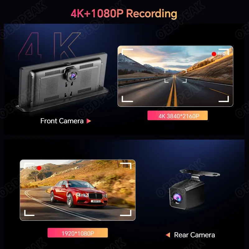 11.3 inch Car DVR 4K Dash Cam Dual Lens Wireless Carplay & Android Aut