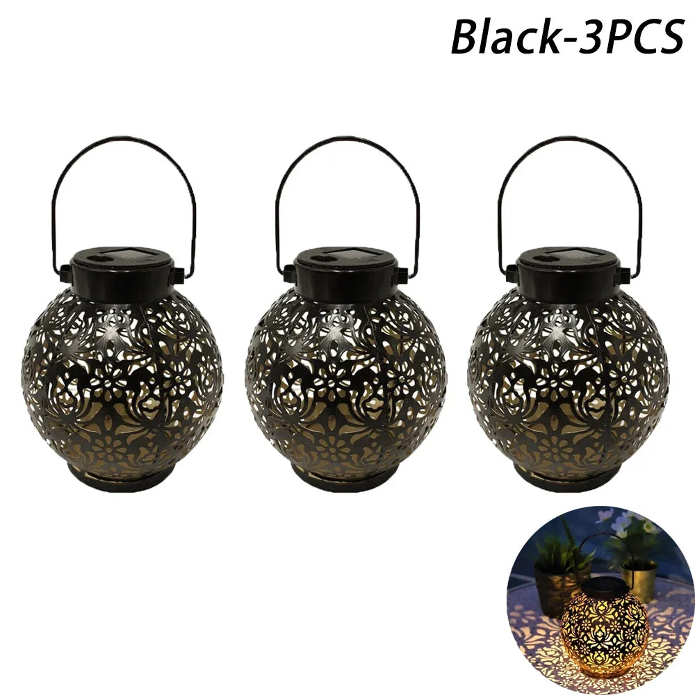 Solar Powered Hollow Ball Garden Light Waterproof Iron Metal Pendant Landscape Projection Hanging Decor for Outdoor Garden Decor