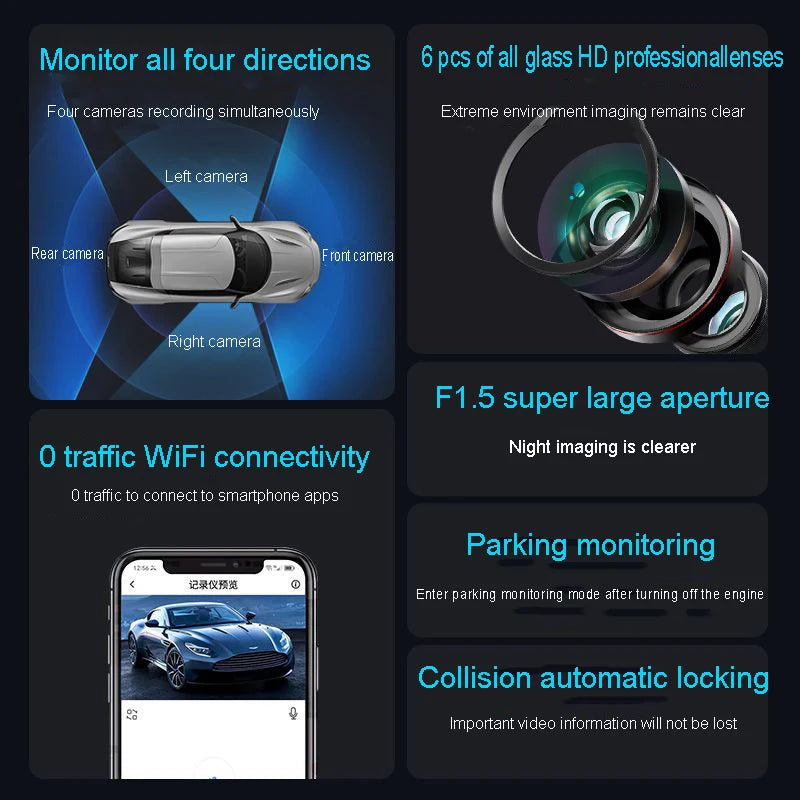 4 Channel Hidden Dash Cam with APP 4K HD Night Vision 24/7 Parking Mon