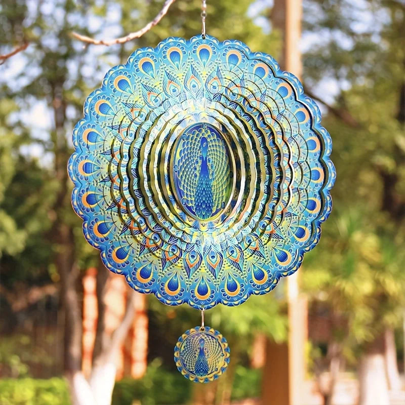 1pc 3D Peacock Wind Chime, Colorful Stainless Steel Wind Spinner, Outdoor Yard And Garden Decor, Metal Spinner With Hanging Hook