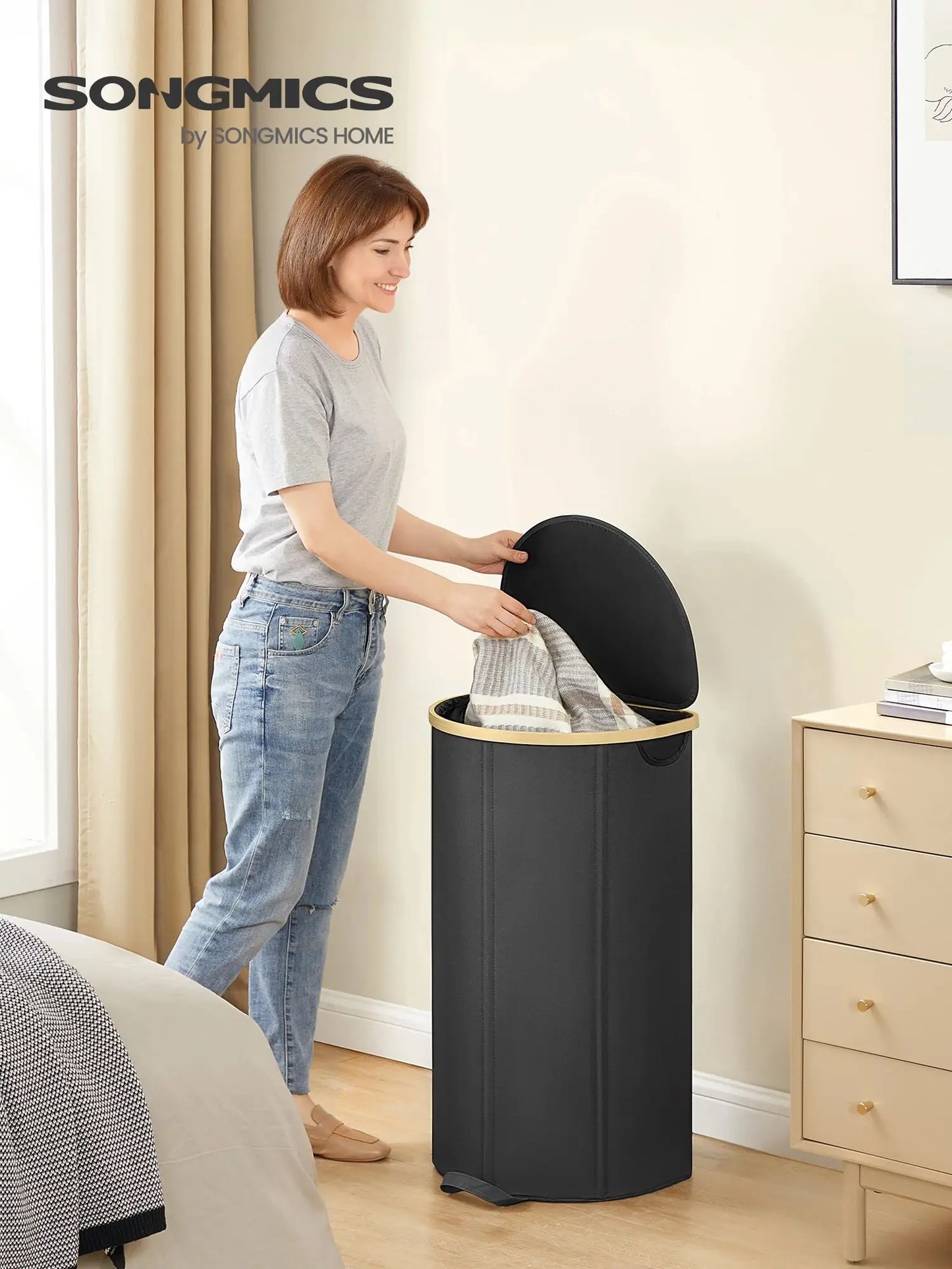 SONGMICS laundry basket Laundry Collector 90 Litre Laundry Ton with Lid Removable Laundry Bag Bedroom