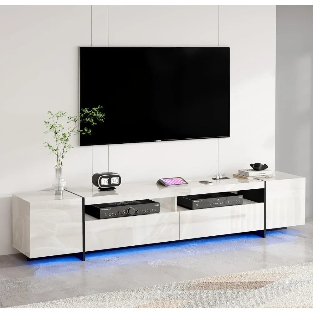 94.5" W TV Stand for Up to 100" TV, Modern Entertainment Center with LED Lights and Power Outlets, Media Console with Cabinet