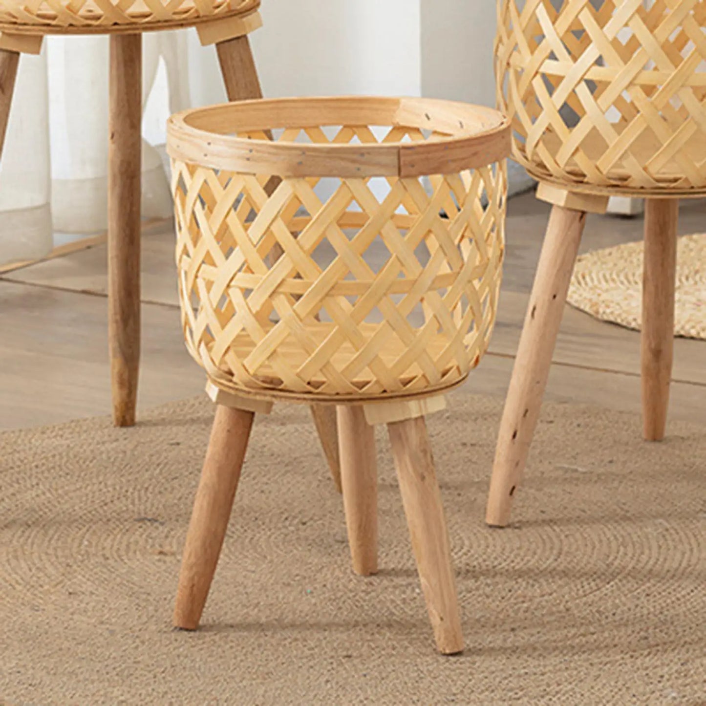 Hand Woven Flower Pot Tripod Stand Detachable Rattan Pot Wood Pastoral Flower Baskets for Balcony Planters Home Indoor Decor