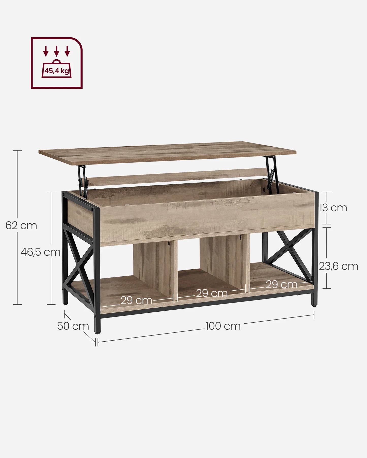 Coffee Table, Lift-Up Coffee Table, Steel Frame, 50 x 100 x (46.5-62) cm, Camel Brown and Black