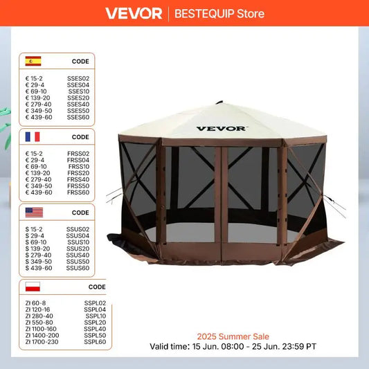 SucceBuy Pop-up Camping Gazebo Camping Canopy Shelter 6 Sided 12' x 12' / 10' x 10' Sun Shade Tents & Canopies Camping & Hiking