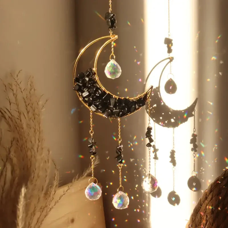 1pc, Amethyst Moon Crystal Prisms Suncatcher, Half Moon Shaped Window Hanging Pendant Glass Prisms Decor Wind Chime Rainbow Sun