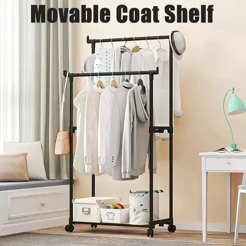 Movable Double Rod Clothes Rack Wheels Heavy Duty Coat Shelf with Bedroom Floor Hangers Organizer Home Shoe Hat Storage Racks